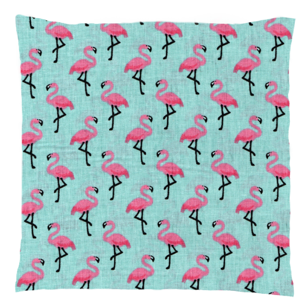 Hellblauer Stoff mit rosa Flamingos als Muster, ideal für Dinkelspelzkissen.